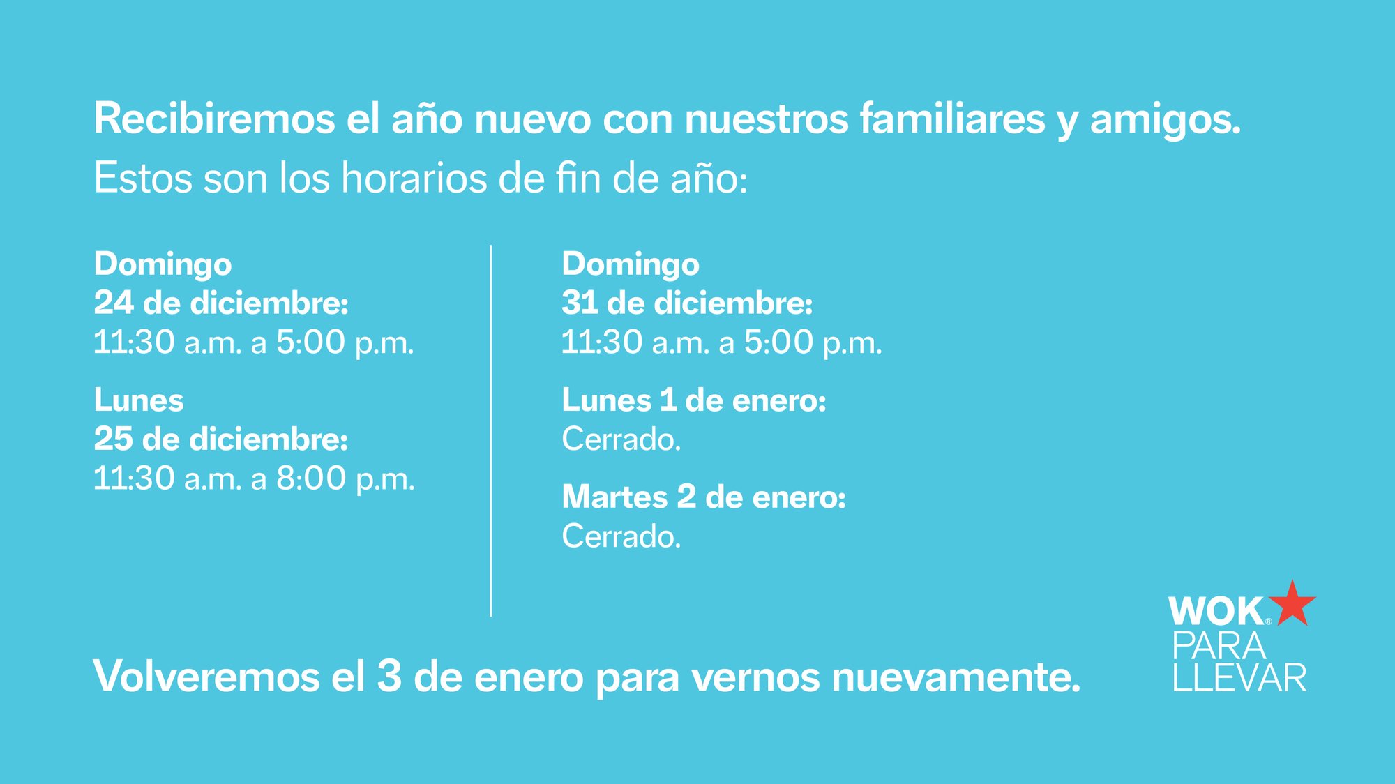 Horario fin de año Wok Para Llevar 2023