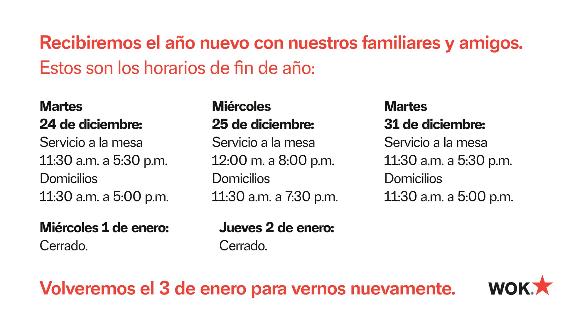 Horarios fin de año Wok 2024