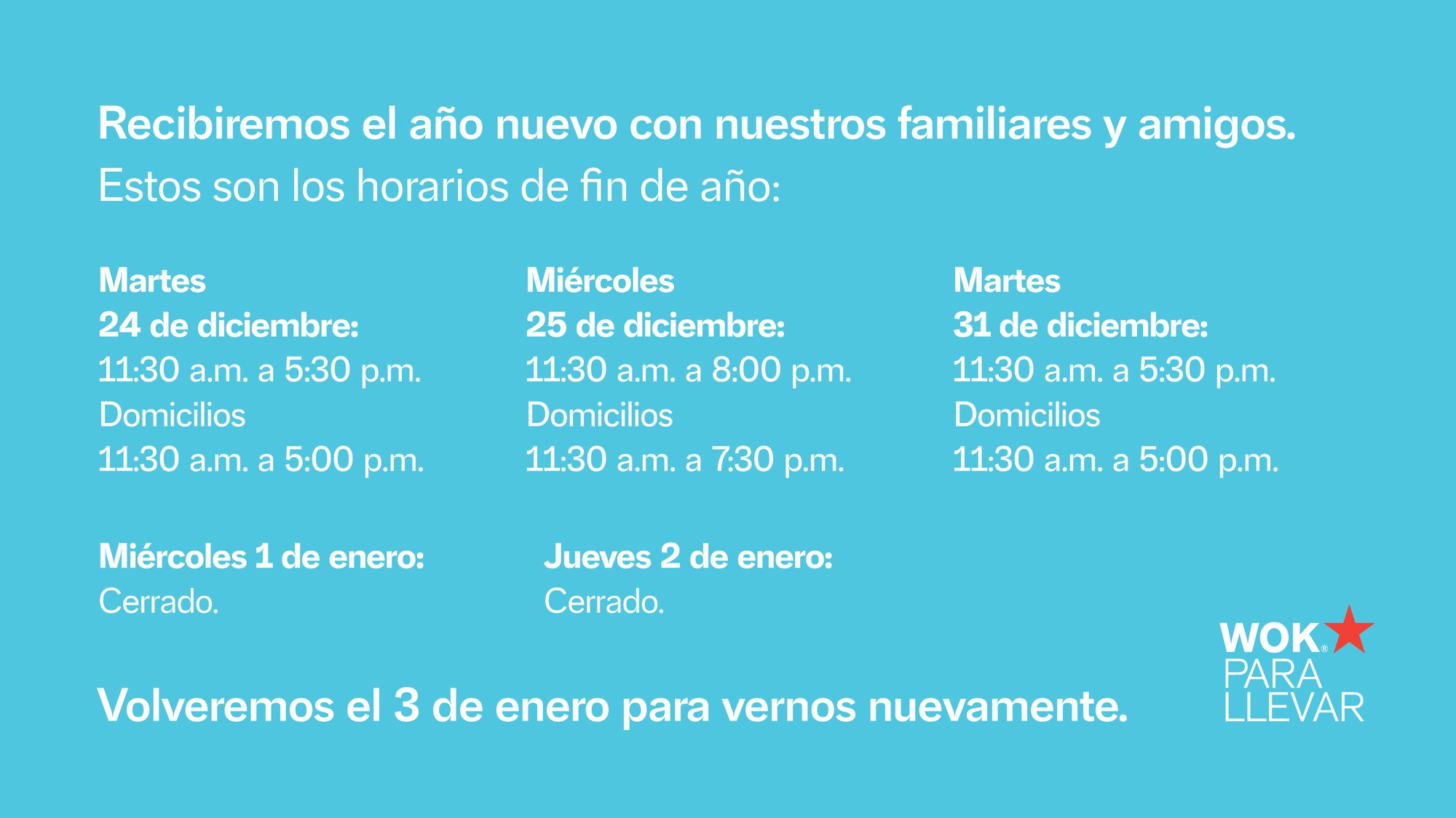 Horarios fin de año Wok Para Llevar 2024